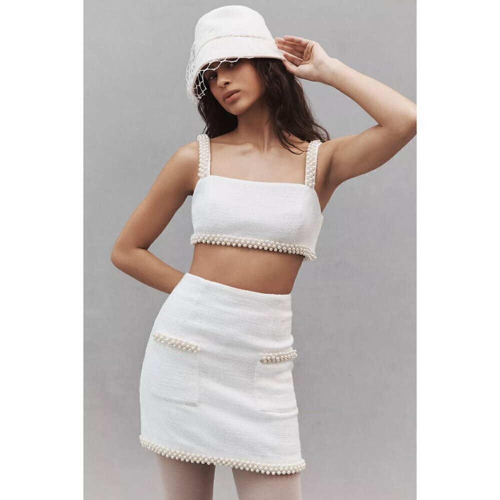 Anthropologie Hutch Adley Pearl-Trimmed Tweed Bridal Set in White